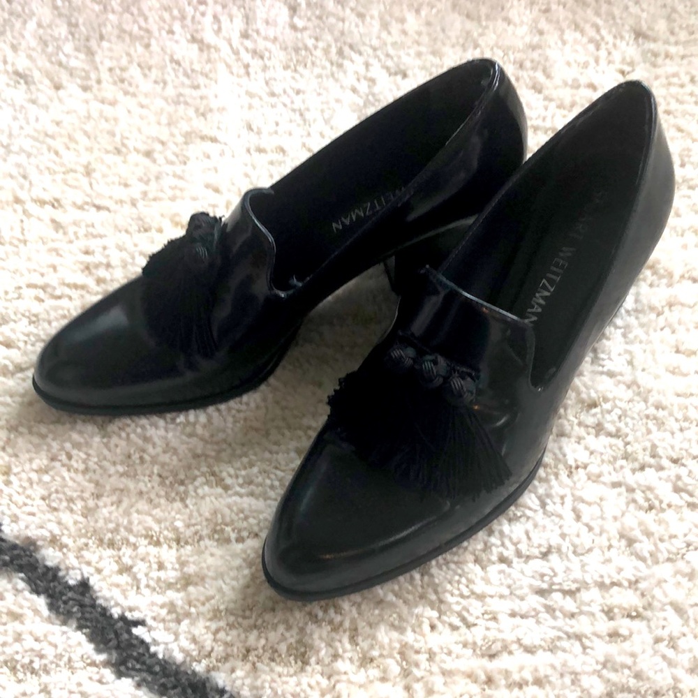 Stuart Weitzman Black Patent Heeled Loafers with tassels